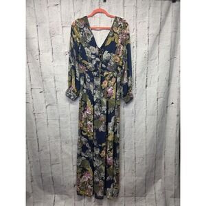 NWT She + Sky Women's S Small‎ Silk Navy Floral Long Sleeve Maxi Dress